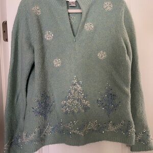 Vintage Talbots Holiday Sweater Women’s Size M Light Blue Wool Blend Half Zip